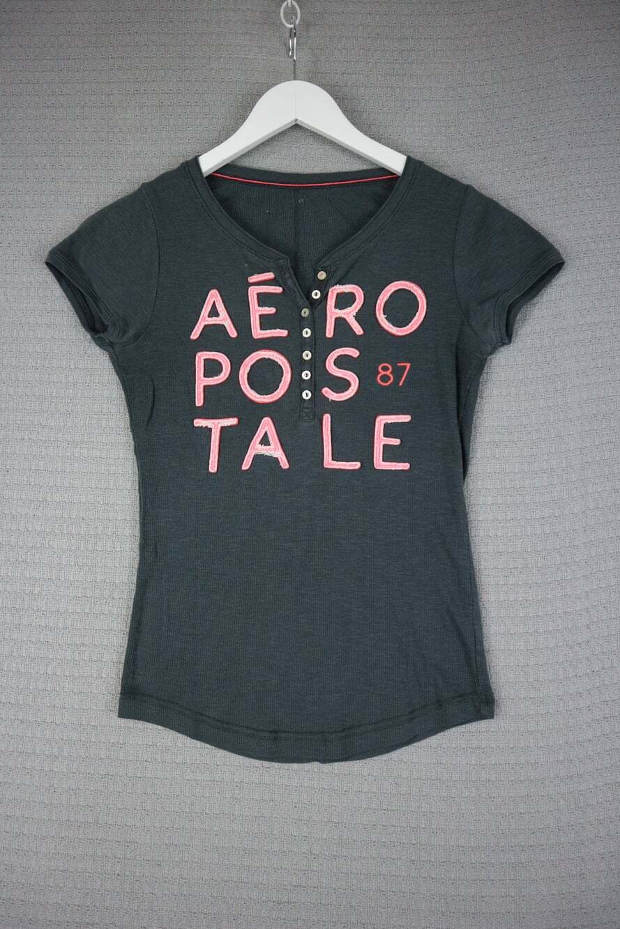 Aeropostale Gray Pink Logo Thermal Henley Shirt S
